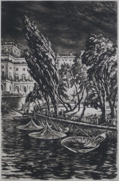Muirhead Bone drypoint: Muirhead Bone (British 1876-1953)- ''Windy Night, Stockholm''- drypoint, ca. 1920, signed in pencil, edition of 88, very slightly light struck. 11 3/4 x 7 3/4''
