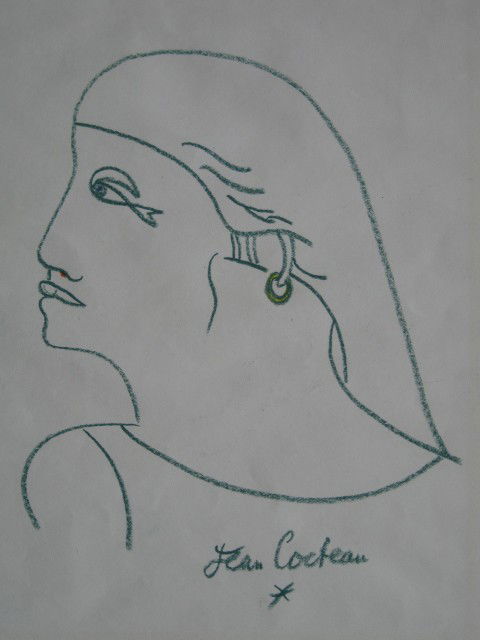 Jean Cocteau crayon drawing: Jean Cocteau (French 1889-1963)- Profile- green crayon on paper, signed Jean Cocteau lower right, very good condition. 9 1/2 x 7 1/2''