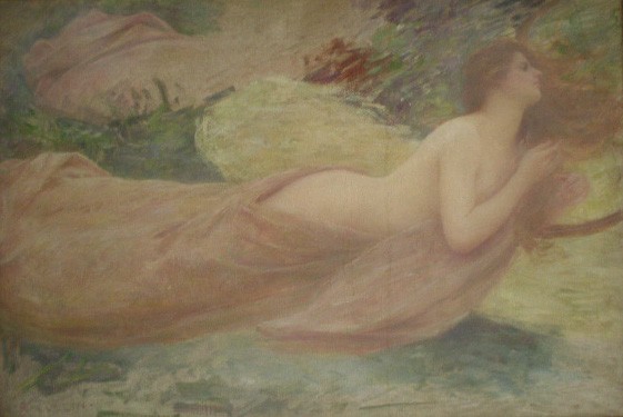 Louis-Joseph-Raphael Collin oil: Louis-Joseph-Raphael Collin (French 1850-1916)- Study For Decoration- oil on canvas, signed R. Collin lower left, paint starting to lift slightly in some areas. 20 x 29 1/2''