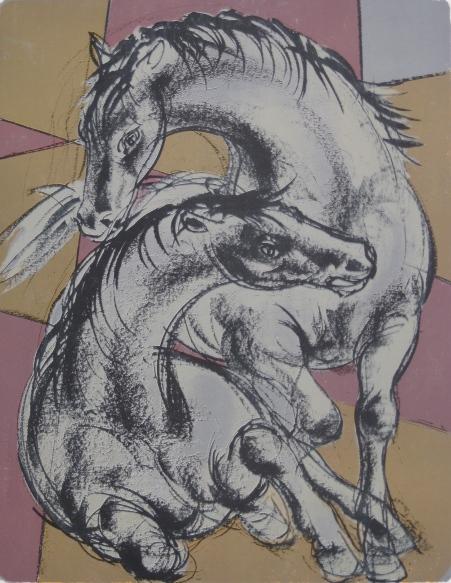 Hans Erni lithograph: Hans Erni (Swiss 1909-)- ''Les Chevaux I'' (Callier 316)-lithograph in colors, 1954, signed and numbered 54/150 in pencil, slightly light struck, some mat burn. 20 1/2 x 16''