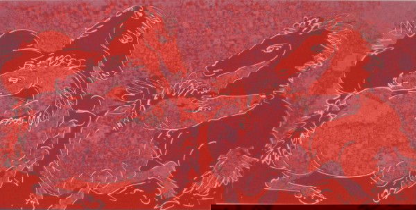 Hans Erni lithograph: Hans Erni (Swiss 1909-)- Four Horses- lithograph in colors, signed in pencil, fold down center as should be. 6 1/8 x 12 1/8''