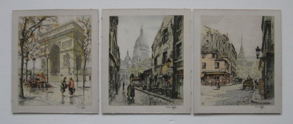 Hans Figura 3 etchings: Hans Figura (Austrian 1898-1978)- European Street Scenes- 3 etchings in colors on silk, all signed in pencil, all are mounted to a cardboard support. various sizes