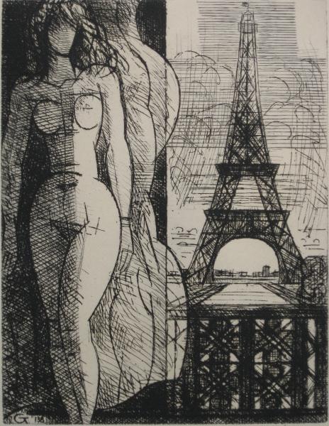 Marcel Gromaire etching: Marcel Gromaire (French 1892-1971)- ''Nude et Eiffel Tower''- etching, 1952, signed and numbered 43/50 in pencil, very good condition. 10 1/4 x 7 3/4''