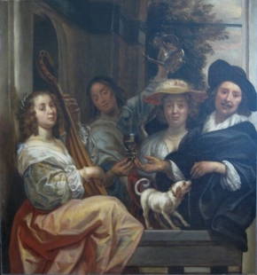 Workshop of Jacob Jordaens oil: Workshop of Jacob Jordaens (Flemish 1593-1678)- ''Company in a Loggia''- oil on canvas (relined), several repaired tears and areas of in-painting. A preliminary drawing for this painting is documented