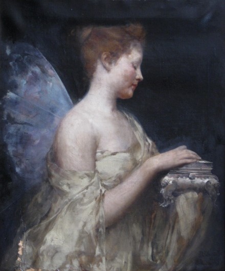 John Reinhard Weguelin oil: John Reinhard Weguelin (British 1849-1927)- ''Psyche''- oil on canvas, signed J. R. Weguelin lower right, paint loss and flaking lower left corner. 24 x 20''