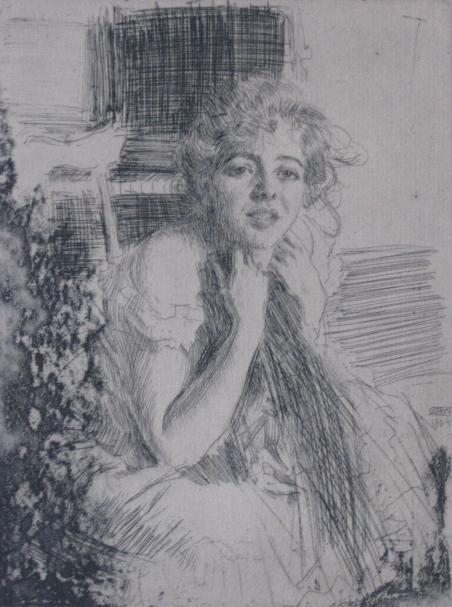 Anders Zorn etching: Anders Zorn (Swedish 1860-1920)- ''Emma Rasmussen'' (Asplund 183)- etching, 1904, signed in pencil, collectors stamp verso, light struck and minor foxing throughout. 8 x 5 7/8''