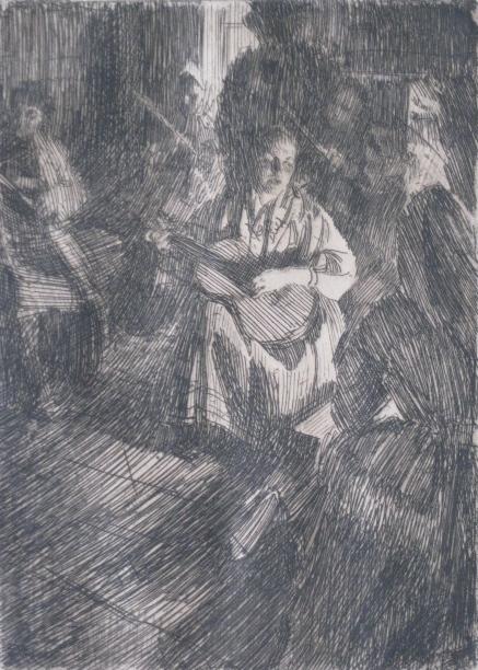 Anders Zorn etching: Anders Zorn (Swedish 1860-1920)- ''Musique En Famille'' (Asplund 191)- etching, 1905, signed in pencil, light struck, minor foxing throughout. 9 1/2 x 7''