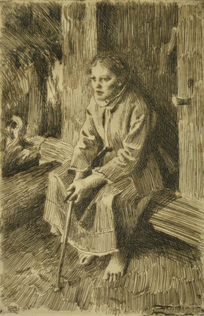Anders Zorn etching: Anders Zorn (Swedish 1860-1920)- ''Vallkulla'' (Asplund 251)- etching, 1912, signed in pencil, light struck, heavy foxing throughout. 11 3/4 x 7 3/4''