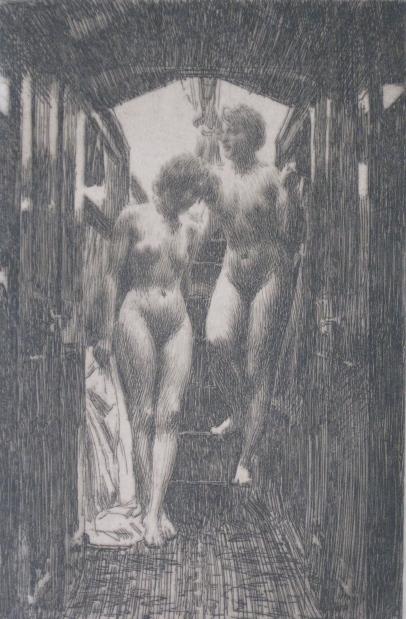 Anders Zorn etching: Anders Zorn (Swedish 1860-1920)- ''Cabin'' (Asplund 279)- etching, 1917, signed in pencil, paper light struck. 11 1/2 x 7 1/2''