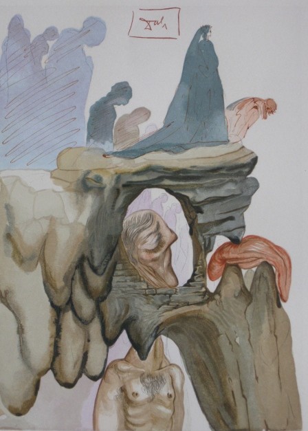 Salvador Dali wood engraving: Salvador Dali (Spanish 1904-1989)- ''Chant 22: Les Prevaricateurs'' (Michler and Lopsinger 1060)- wood engraving in colors, 1960, from the suite The Divine Comedie - Hell. 9 1/2 x 7''
