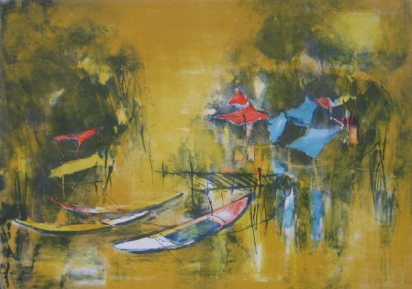 Lebadang lithograph: Lebadang (Vietnamese 1921-)- Boats on The Water- lithograph in colors, signed and numbered 20/120 in pencil, light struck and mat burn. 16 3/4 x 23 1/2''