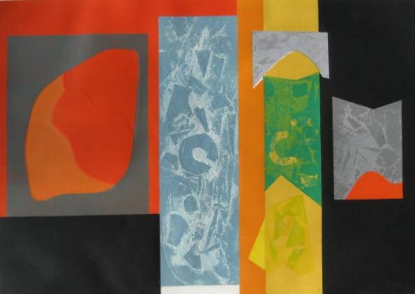 Seong Moy woodcut in colors: Seong Moy (American 1921- )- ''Changes #2''- woodcut in colors with embossing, signed and titled in pencil, very good condition. 19 13/16 x 27 3/4''