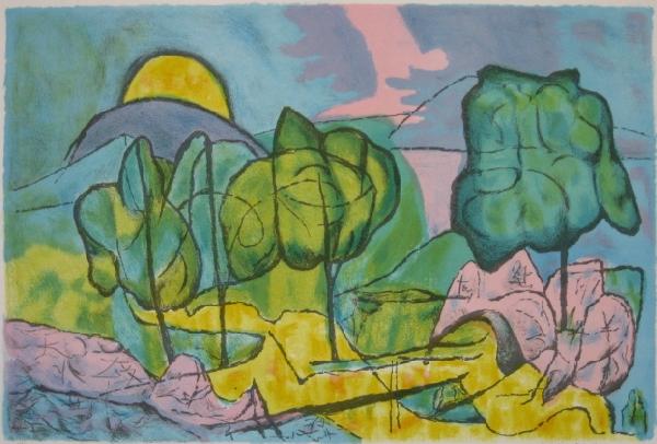 David Shapiro lithograph in colors: David Shapiro (American 1944- )- ''The Moon Rises''- lithograph in colors, signed, titled and numbered 11/90 in pencil, very good condition. 15 3/4 x 24''
