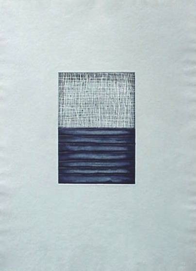 David Shapiro etching: David Shapiro (American 1944- )- ''Kala 7''- spit-bite etching, drypoint and carobrundum in blue and white, 1991, signed, titled and dated in pencil, edition of 250, the Print Club of Cleveland public