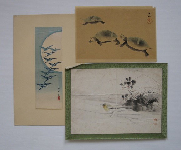 Japanese School 3 works on paper: Japanese School 3 Works on Paper- 1.) Hiroshige Ando- Birds and the Moon- woodblock; 2.) Korin Ogata- Turtles- woodblock, light struck; 3.) Unknown- A Bird- watercolor and ink wash, couple areas missi