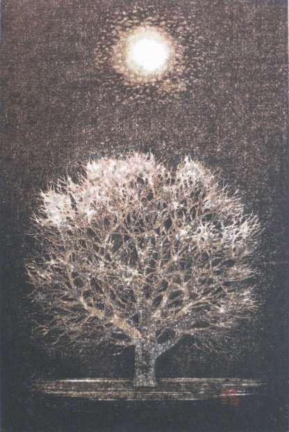 Joichi Hoshi woodcut: Joichi Hoshi- ''Moon and Tree'' (Hoshi 354)- woodcut in colors, ca. 1976, signed and dated in pencil, very good condition. 7 1/4 x 4 3/4''