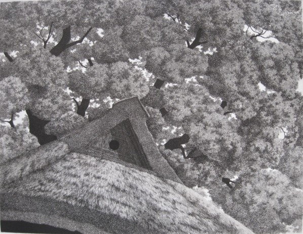 Ryohei Tanaka etching: Ryohei Tanaka- Big Tree- etching, ca. 1981, signed, titled (in Japanese), dated, and numbered 41 of 120 in pencil, very good condition. 10 1/8 x 13 1/2''