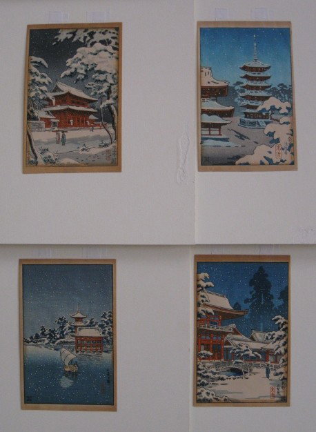 Koitsu Tsuchiya 4 woodblocks: Koitsu Tsuchiya- Horyuji Nara; Zojuoji; Kamigamo Shrine, Kyoto and ''Wakanoura- 4 woodblocks in colors, all light struck and mat burn. 6 x 3 3/4'' ea.
