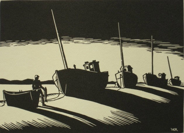 3 Cleveland Print-A-Month publications: 3 Cleveland Print-A-Month publications- Samuel Popkins- ''The Crossing''- etching. Walter Dubois Richards- ''Evening'' and ''Woodcutters''- 2 linocuts, 1930's, all three signed in pencil, very good co