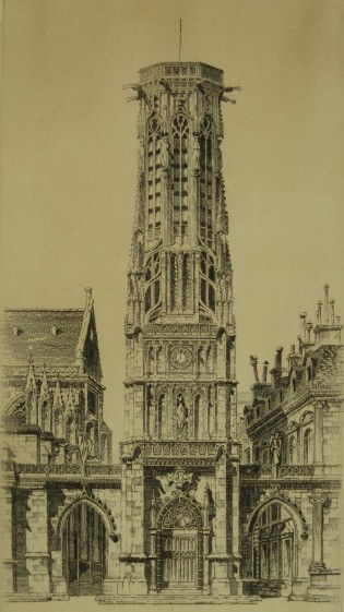 John Taylor Arms etching: John Taylor Arms- ''St. Germain L'Auxerrois'' (Fletcher 215)- etching, ca. 1928, signed and dated in pencil, laid down, and mat burn. 9 11/16 x 4 15/16''