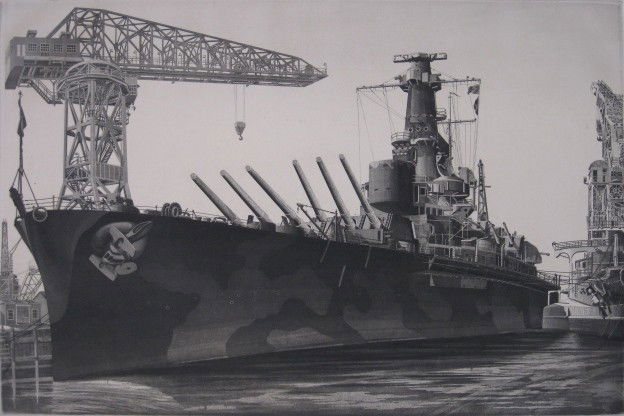 John Taylor Arms etching: John Taylor Arms- ''Battlewagon - U.S.S. Alabama Outfitting at Norfold Navy Yard, Crane Ship Kearsarge Alongside'' (Fletcher 376 vi/VI)- etching, ca. 1942, signed and titled in pencil, edition of 872,