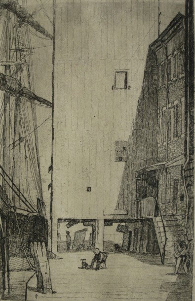 Otto H. Bacher etching: Otto H. Bacher- Street Scene- etching, ca. 1878. 6 1/2 x 4 1/4''