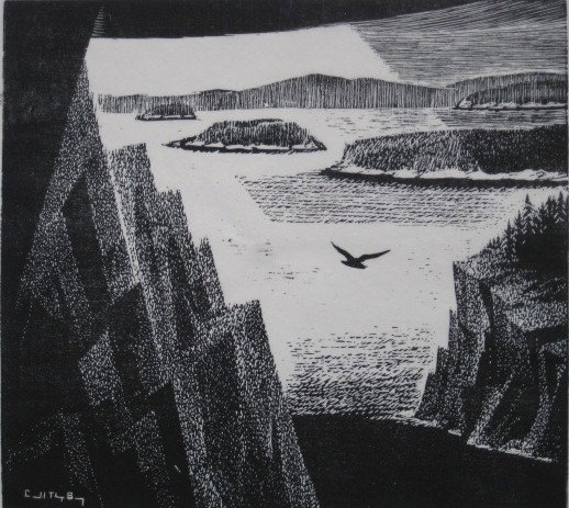 Carroll Thayer Berry woodcut: Carroll Thayer Berry- ''Solitude in Maine'' (Dearborn 136)- woodcut, 1975, signed and titled in pencil, edition of 40. 11 x 12 1/16''
