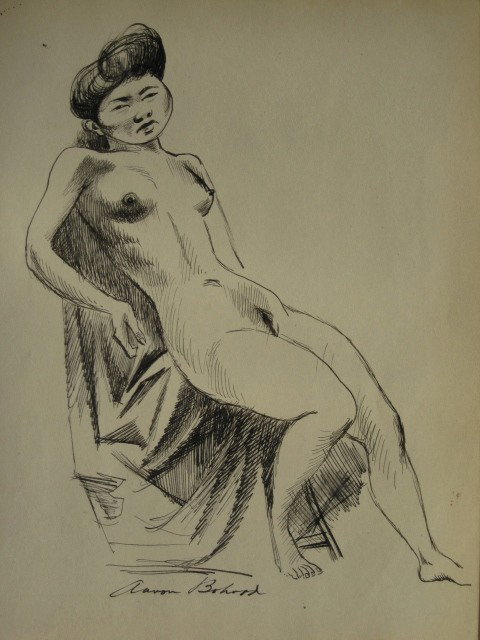 Aaron Bohrod pen and ink: Aaron Bohrod- Nude in a Draped Chair- Pen and ink on paper, signed in ink lower center, illustrated in Aaron Bohrod: Figure Sketches, page 199. 11 x 8 3/8