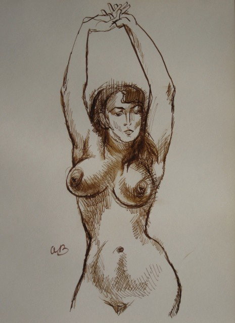 Aaron Bohrod pen and ink: Aaron Bohrod- Nude with Arms Stretched Over Her Head- pen and ink and wash on paper, initialled ''AB'' in ink, illustrated in Aaron Bohrod: Figure Sketches, page 63. 12 x 9 1/4''