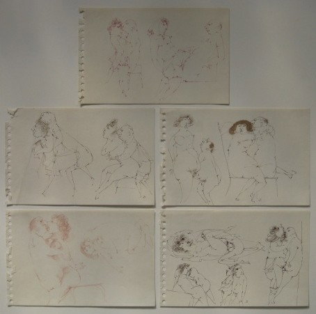 Louise Bosa 7 pen and inks: Louis Bosa- Erotic Studies- 7 pen and inks on paper, 3 sheets initialled 'B', all very good condition, various sizes.