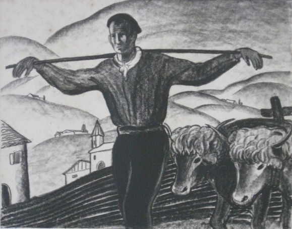 Mabel Dwight lithograph: Mabel Dwight- ''Basque Country'' (Robinson & Pirog 13)- lithograph on chine colle, ca. 1927, signed, titled and dated in pencil, some foxing. 10 x 12 1/2''