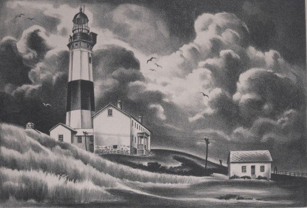 Mabel Dwight lithograph: Mabel Dwight- ''Montauk Lighthouse'' (Robinson & Perog 92)- lithograph, ca. 1937, signed in pencil, stamped Federal Art Project/NYC WPA (Lugt Duppl. 923c), heavily light struck, minor tears at edges,