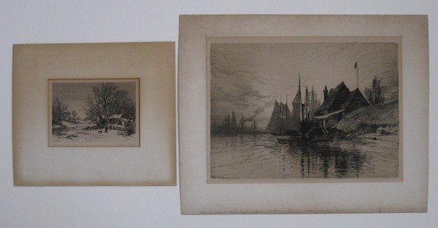 2 19th c American etchings: Kruseman Van Elten- ''Forest House''- etching, signed in pencil. Henry Farrer- Harbor Scene- etching, 1884. Both have mat burn and are heavily light struck. 4 x 6''; 9 3/8 x 13 1/8''