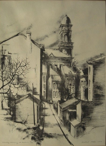 Robert Fabe lithograph: Robert Fabe- ''Sunday Morning, Mt. Auburn''- lithograph, ca. 1966, signed, dated, titled and numbered 15 of 50 in pencil. 25 1/2 x 18 1/4''