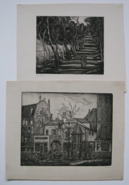 Emil Ganso 1 drypoint and 1 etching: Emil Ganso- ''Paris Park (Montparnasse)'' (Smith I-121a); ''Pine Trees'' (Smith I-125)- 1 drypoint and aquatint and 1 hard and soft-ground etching drypoint aquatint and roulette, 1929, both signed in