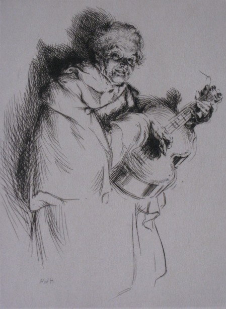 Arthur Heintzelman etching: Arthur Heintzelman- ''Etude Pour Le Chanteur Populaire'' (Smith 106)- etching, 1925, signed in pencil, edition of 250, slightly light struck. 6 3/4 x 5 1/8''