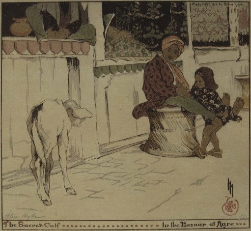 Helen Hyde woodcut: Helen Hyde- ''The Sacred Calf in the Bazaar at Agra'' (Mason 89)- woodcut in colors, ca. 1910, signed in pencil. 9 x 9 7/8''
