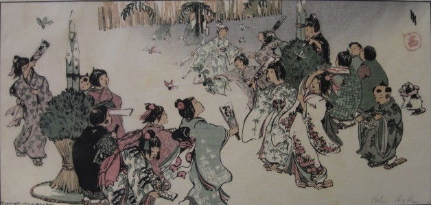Helen Hyde woodcut: Helen Hyde- ''New Year's Day in Tokyo'' (Mason 121)- woodcut in colors, ca. 1914, signed in pencil, very good conditions. 8 3/8 x 17 5/8''