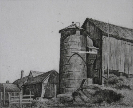 Armin Landeck drypoint: Armin Landeck- ''Corbin's Silo'' (Kraft 64)- drypoint, ca. 1937, signed, dated and annotated 'Ed. 100' in pencil, very good condition. 7 11/16 x 9 13/16''