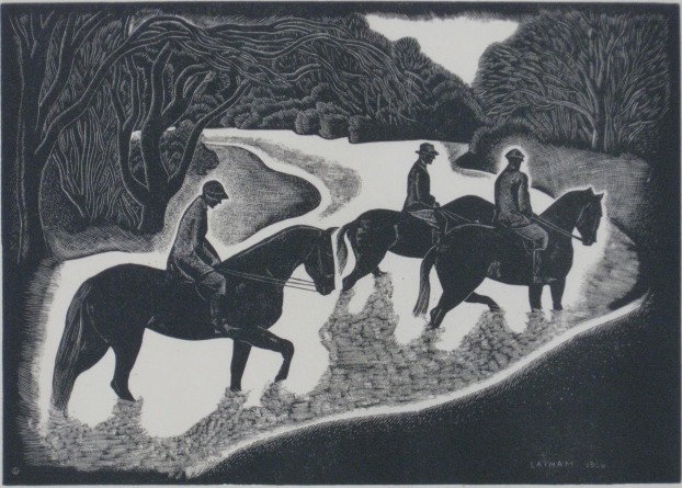 Barbara Latham wood engraving: Barbara Latham- ''Fording the Stream''- wood engraving, ca. 1936, AAG edition of about 200. 6 x 8 1/2''