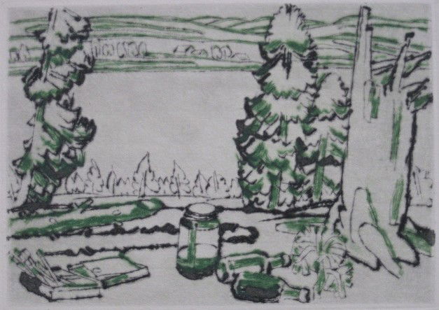 David B. Milne etching: David B. MIlne- ''Painting Place'' (Tovell 63)- drypoint in colors, 1931, signed in pencil, as published in the Colophon Part 5, under the title ''Hilltop'', very good condition. 10 1/2 x 8 1/2'' (she
