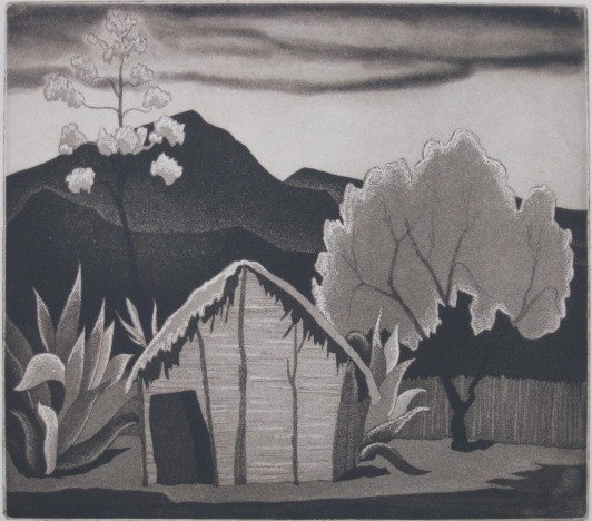 Lorraine Moore aquatint: Lorraine Moore- ''Tropical Scene''- aquatint, ca. 1940, signed and numberd 2 of 50 in pencil, old stains from oil tape hinges, otherwise very good condition. 10 1/4 x 11 3/4''