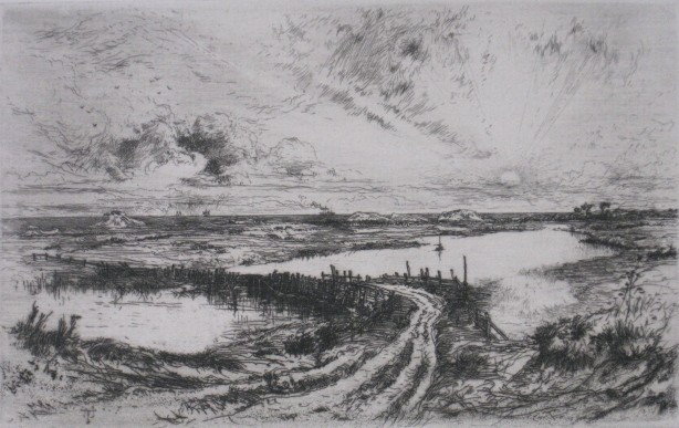 Thomas Moran etching: Thomas Moran- ''Sunrise, The Pond'' (Klackner 39)- etching, ca. 1880, as published in American Art Review. 4 1/2'' x 7 1/8''
