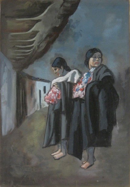 J. Olivar gouache and R. Peters lithograph: Julian Oliver- Two Mexican Women- gouache on paper, ca. 1960, signed in pencil lower left, 1'' tear along bottom of paper. 16 x 12 1/2'' Robert Peters- ''Garden of the Gods''- lithograph, ca. 1947, si