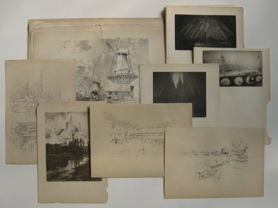 Joseph Pennel auto lithos: Joseph Pennell- Various Subjects- 10 aquatint resin ground and 16 auto lithos as published in 'The Studio' and 10 double page auto lithos, edges rough including some paper loss, various sizes.