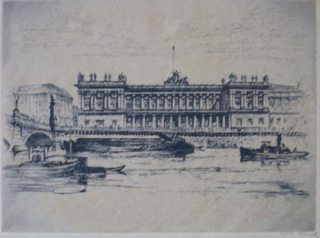 Anton Schutz etching: Anton Schutz- ''Berlin Stock Exchange''- etching, signed in pencil, light struck and mat burn. 8 3/4 x 11 7/8''