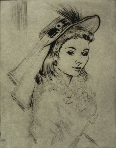 Clyde Singer etching: Clyde Singer, ''Spring Hat #1''- etching, ca. 1951, signed and titled in pencil, edition of 7. 5 1/2 x 4 3/8''