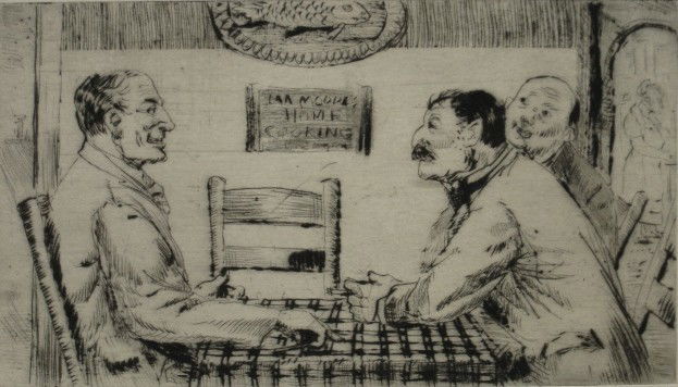 Clyde Singer etching: Clyde Singer- ''The Story''- etching, signed, titled, and numbered 5 in pencil, soiling throughout. 3 1/2 x 6''