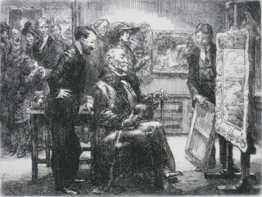 John Sloan etching: John Sloan- ''The Picture Buyer'' (Morse 153)- etching, 1911, signed and titled in pencil published state, soft crease horizontal across sheet through image, 2 small areas of paper loss/abrasion verso