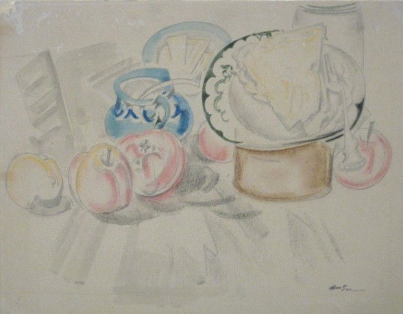 William Sommer watercolor and graphite: William Sommer- Apples and Pie- watercolor and graphite on paper mounted to support board, estate stamped, lower right, some abrasion on paper on top part of image. 9 1/2 x 11 1/2''